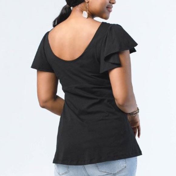 Ethically Made Scoop Neck Flutter Sleeve Tee Black - Picture 5 of 7
